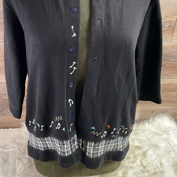 Onque Casuals Ladies Black Cardigan,Size Small,Embroidered Musical Notes,Vintage - Picture 8 of 8